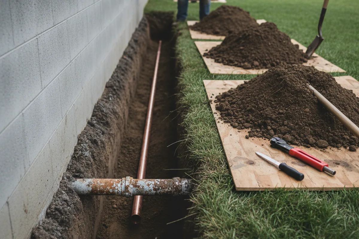 Excavated water line trench during Water Heater Repair in Hillburn